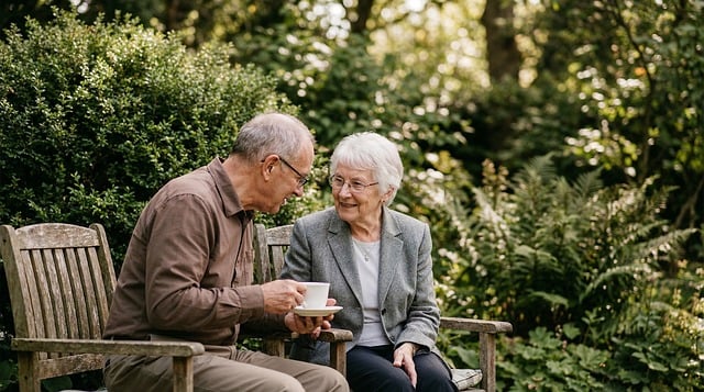 older couple sat outside